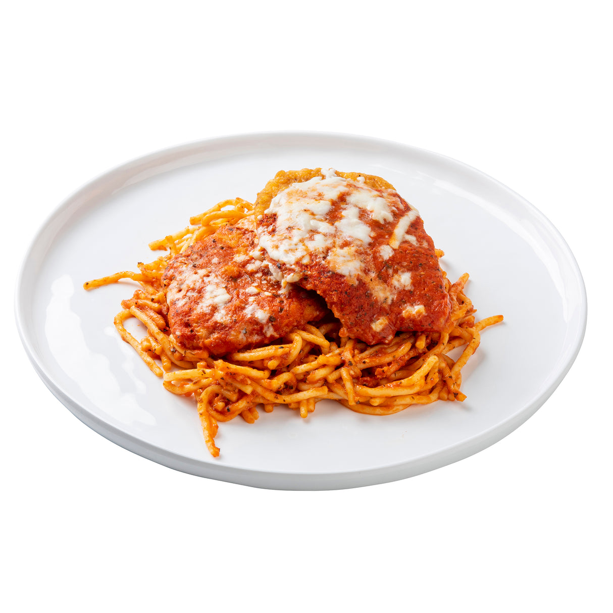 A white melamine serving plate from the Ridge Collection holds spaghetti topped with tomato sauce and two breaded chicken pieces, each covered in melted cheese and sauce. The food is arranged neatly, photographed against a plain white background.
