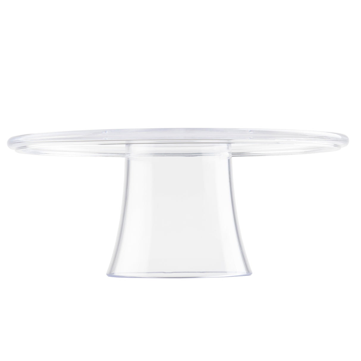 A clear cake stand with a smooth, flat top and a thick, slightly flared pedestal base is photographed against a white background. The simple, elegant design highlights the transparency and shine of this round cake stand.