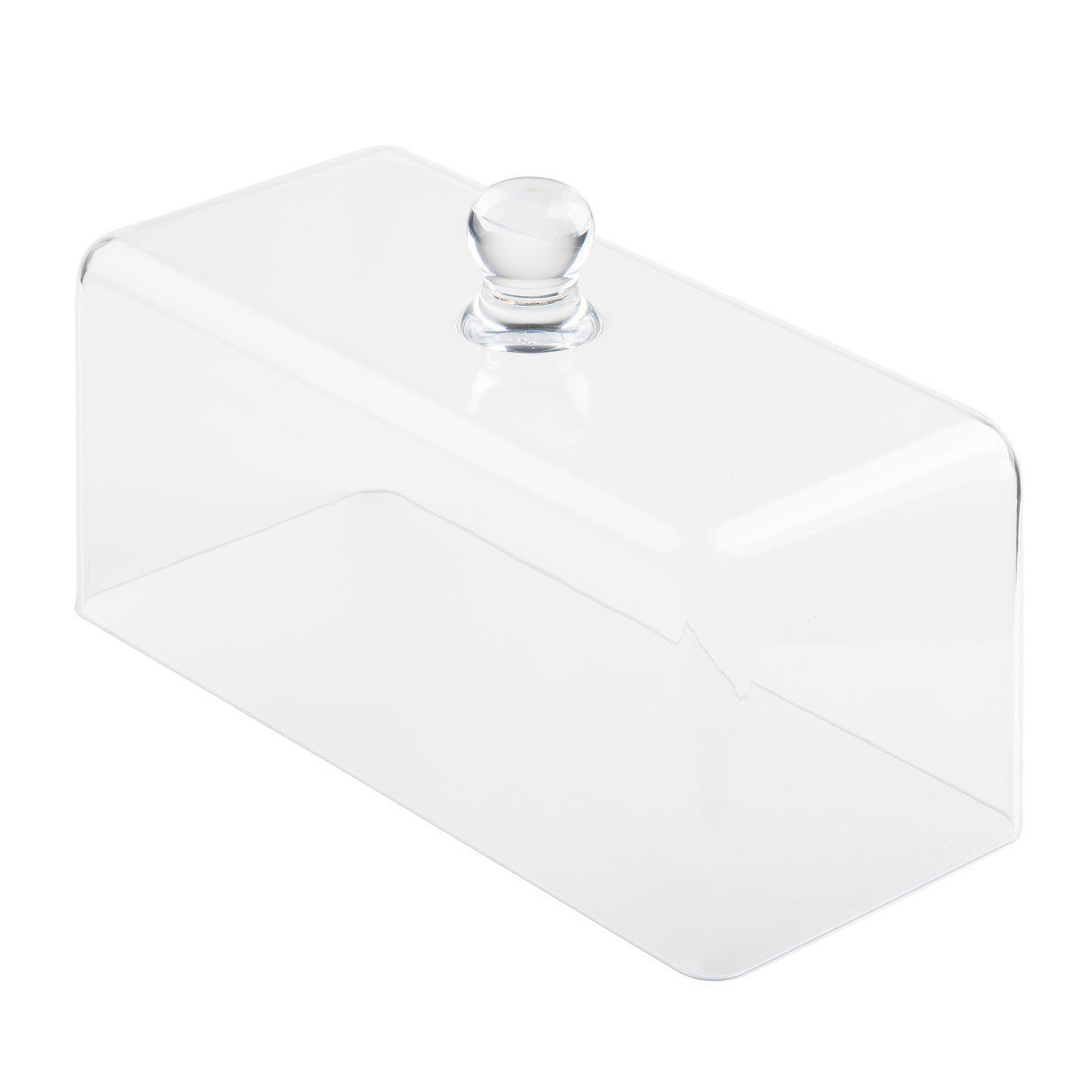 A clear rectangular cake cover with rounded edges and a small round handle on top, perfect for protecting or displaying baked goods or collectibles. This transparent cover sits neatly on any flat surface.