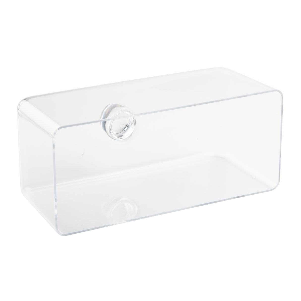 A clear rectangular acrylic storage box with rounded corners and a small circular handle on the front, set against a plain white background. The fully transparent design resembles a sleek cake cover, highlighting its smooth surfaces and edges.