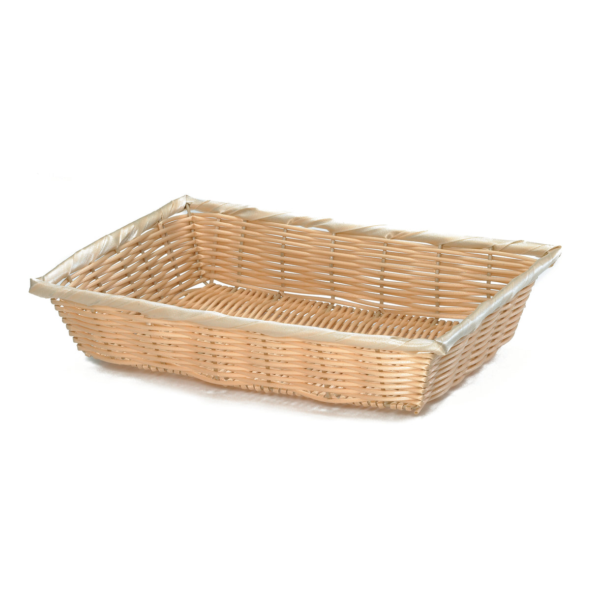 A rectangular, shallow hand-woven basket with a natural light brown color. The basket features woven polypropylene sides and bottom, slightly raised edges, diagonal reinforcing strips at the corners, and a thicker, wrapped rim on top.