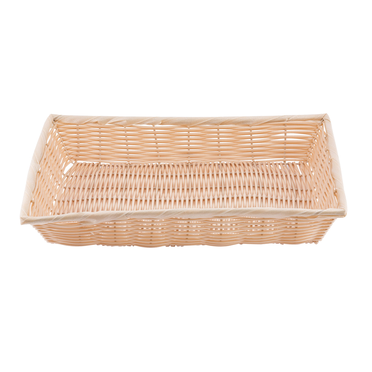 A rectangular, light brown hand-woven basket with an open top and upright sides, placed on a white background. The basket features a woven pattern and smooth rim, lending it a simple, rustic appearance.