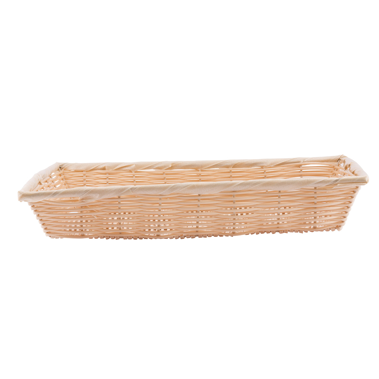 A rectangular, shallow hand-woven wicker basket in light tan, featuring a simple woven pattern and slightly raised edges. The basket is empty and set against a plain white background.