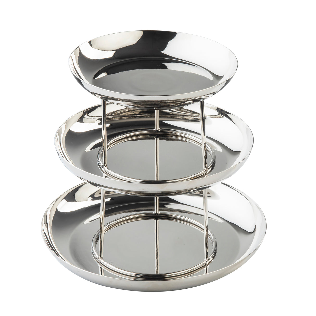 A 3-tier stainless steel serving tray with shiny, reflective plates supported by vertical rods. Each plate varies in size, perfect for displaying or serving food as an elegant Seafood Tower at your next gathering.
