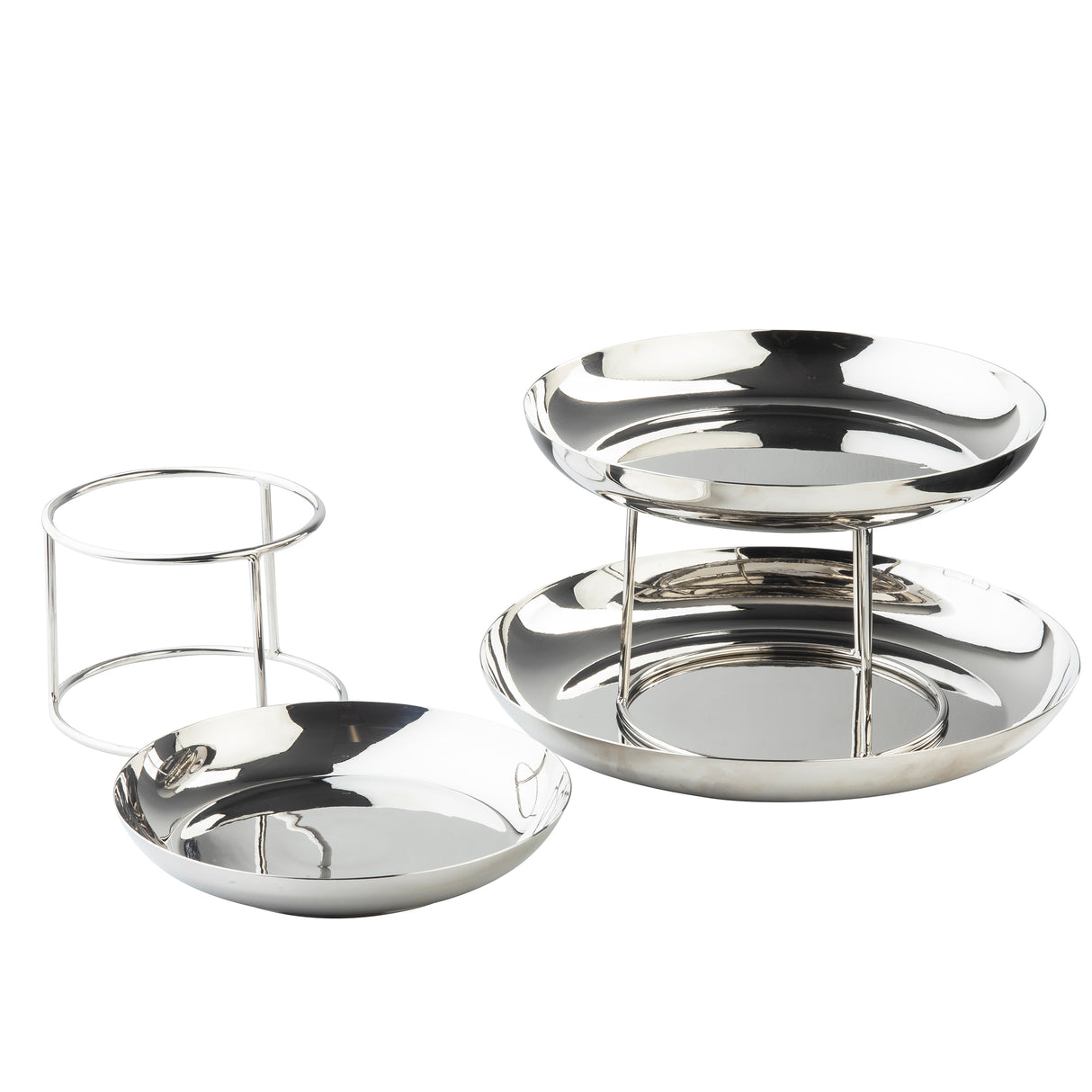 Three shiny, round stainless steel serving trays are shown: one on a tall stand, one on a short stand, and one flat—perfect for creating a 3-tier seafood tower display. The stands’ open metal frames highlight the trays' smooth, reflective surfaces.