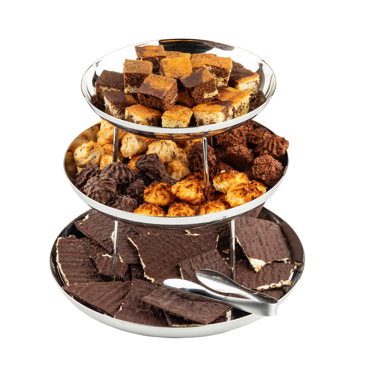 A 3-tier stainless steel tray, reminiscent of a Seafood Tower, holds assorted desserts: chocolate-covered wafers on the bottom, coconut macaroons and cookies in the middle, and marble cake squares on top. A metal tong rests on the bottom tray.