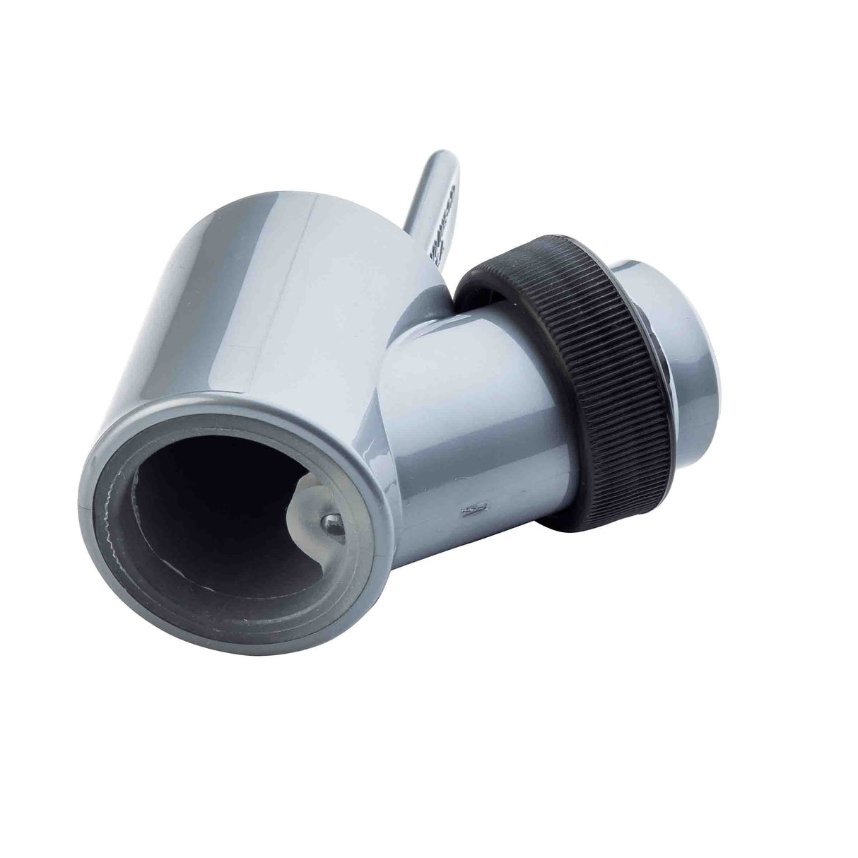 A gray polypropylene plumbing fitting with a T-shaped structure; one end is open and circular, the other points upward and is smaller, featuring a black threaded ring around the midsection for tightening or connecting pipes. Ideal for bag in the box systems.
