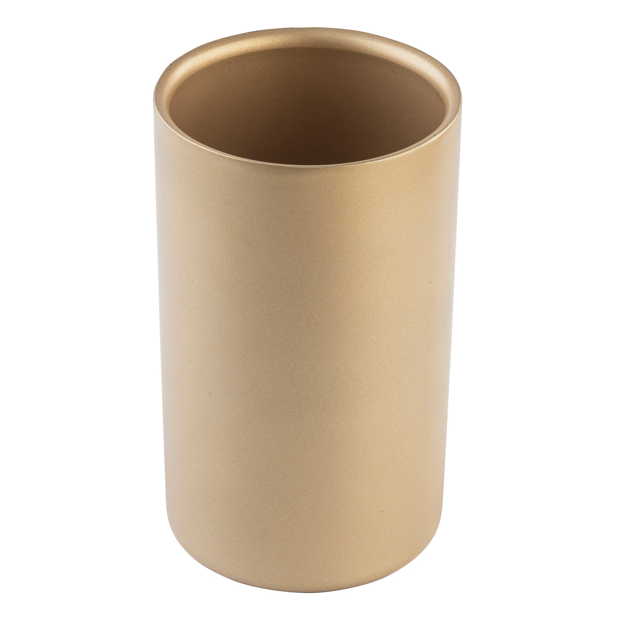 A cylindrical, matte gold wine cooler or container with smooth stainless steel surfaces and an open top, shown against a plain white background. The cup features a modern, minimalist design with slightly rounded edges and a gold-coated finish.