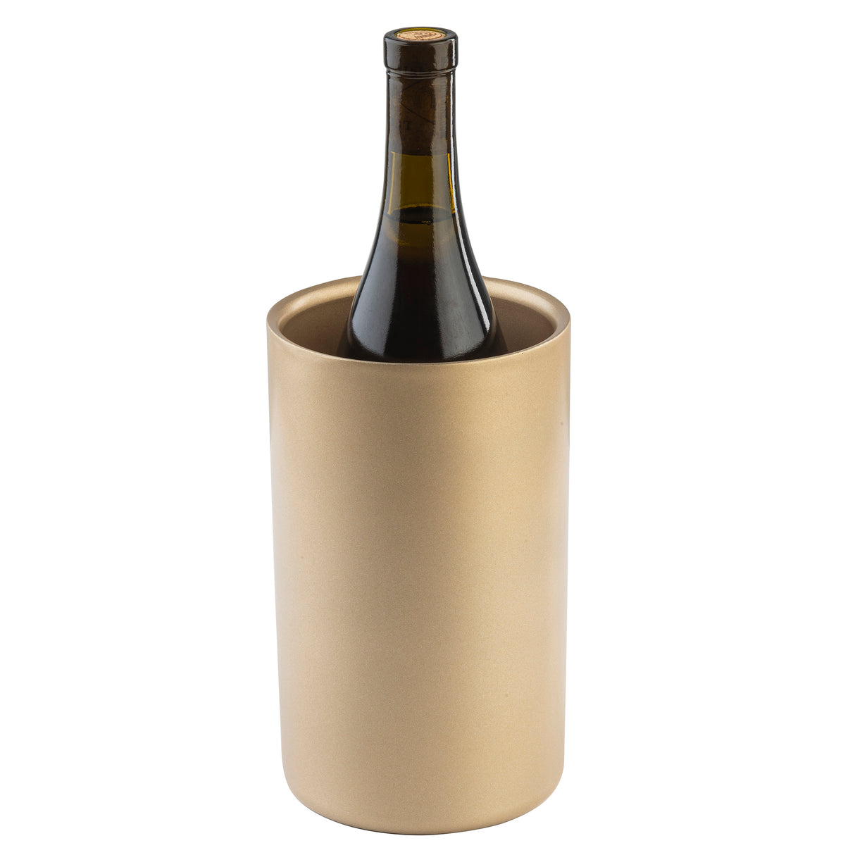A dark wine bottle stands upright in a tall, gold coated stainless steel wine cooler with a smooth, matte finish. The bottle’s cork is sealed and part of its label is visible against the crisp white background.
