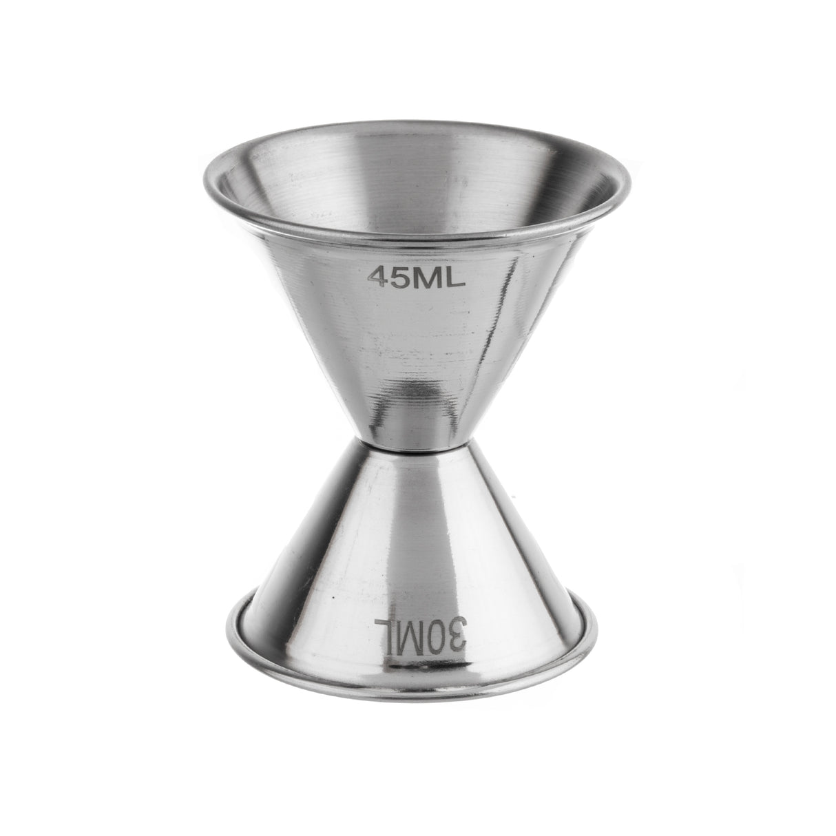 A stainless steel double-sided jigger with a conical shape. One side is labeled “45ML” and the other “30ML.” The shiny, reflective jigger is dishwasher safe and photographed on a white background.