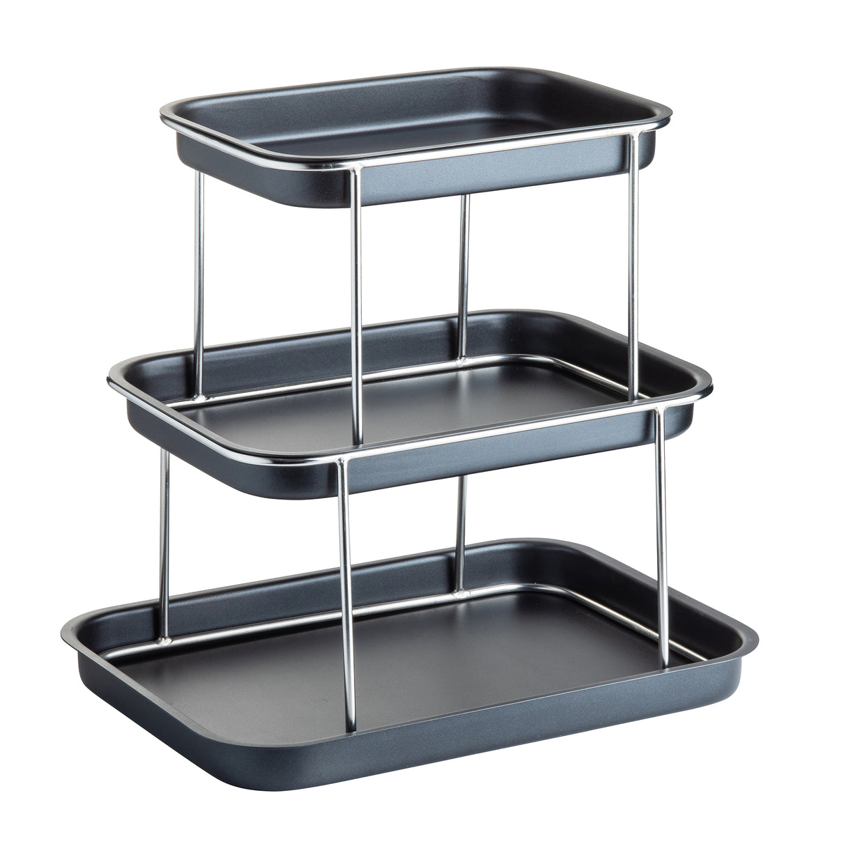 A 3-tier Sharing Tower with rectangular black trays and stainless steel supports, staggered in height for versatile storage or display. The trays feature raised edges and are vertically arranged, creating open space between each tier.