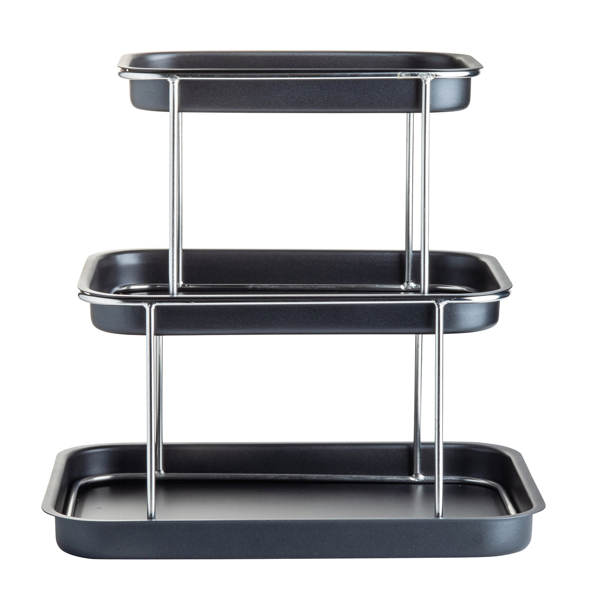 A minimalist and functional 3-tier Sharing Tower with black trays and stainless steel supports. The rectangular trays decrease in size from bottom to top, perfect for serving or organizing food and items.