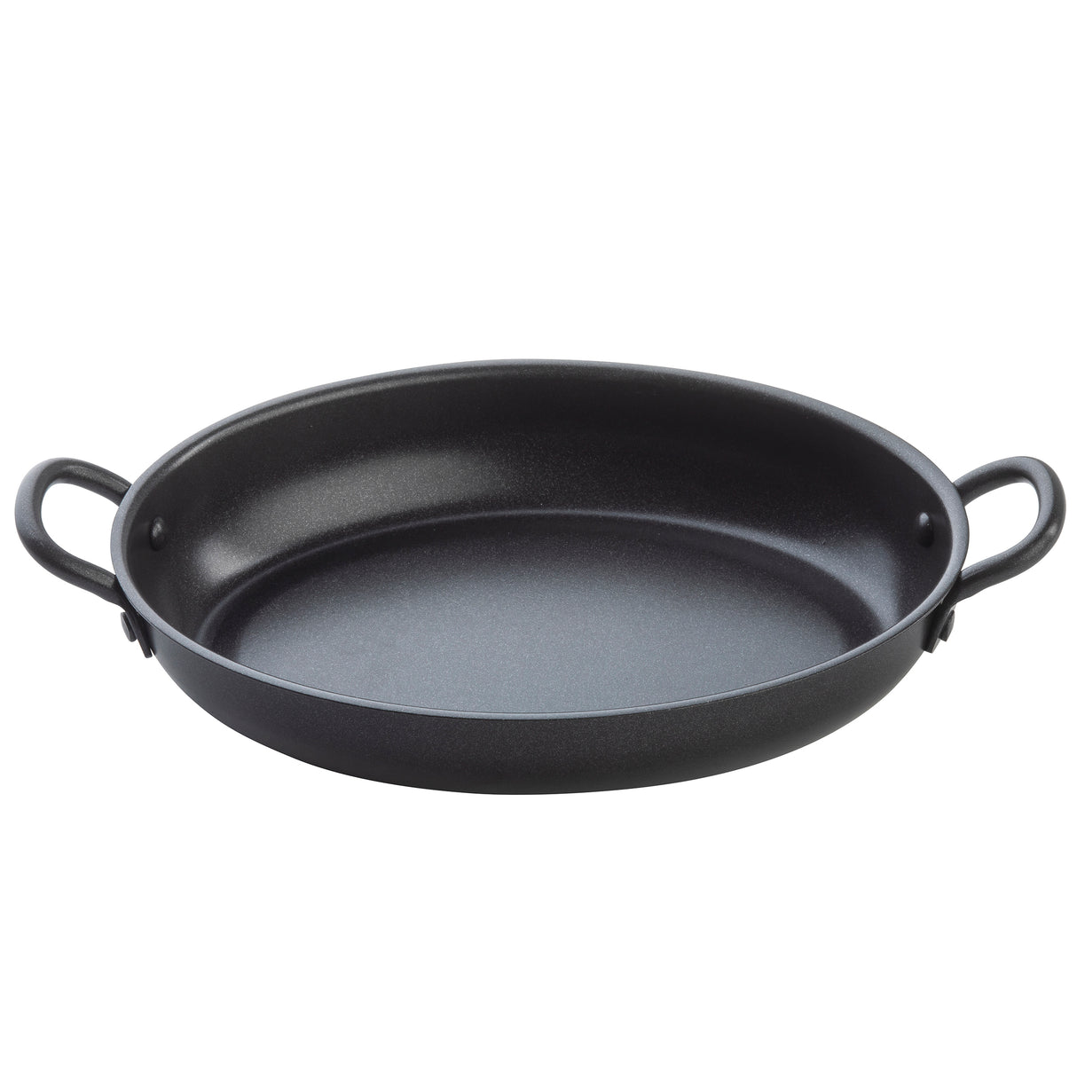 A black, round Mini Serving Fry Pan with two curved handles on opposite sides, shown on a white background. This non-stick fry pan from TableCraft Products is ideal for stovetop or oven use, perfect for paella or roasting vegetables.