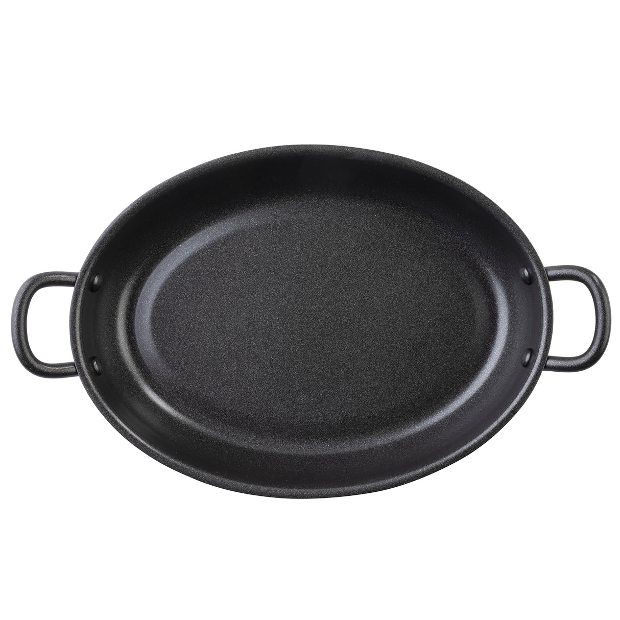 Oval black roasting pan with two short, curved handles on opposite sides. This TableCraft Products non-stick fry pan features a smooth interior and a slightly raised edge around the rim. The image is taken from above on a white background.