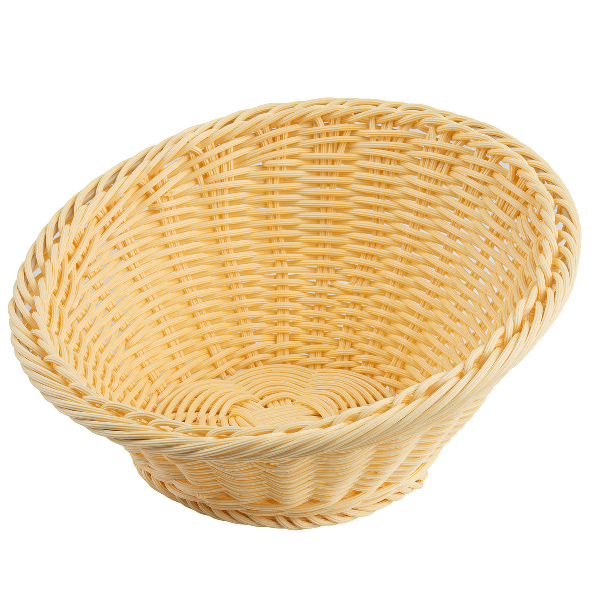 A beige, handwoven Polypropylene Basket with a wide, round opening and shallow depth. This TableCraft Products basket features a tightly braided rim and smooth, consistent weave pattern, shown on a plain white background.