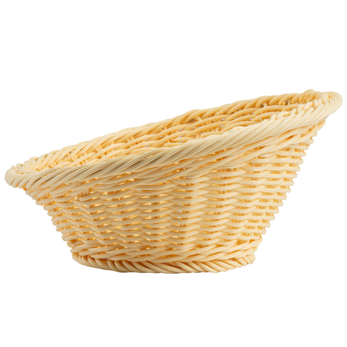 A shallow, round TableCraft Products handwoven basket with a wide opening and narrow base, made from light tan woven strands. The smooth, even weave and slightly outward-flaring rim give this basket a classic, simple design.