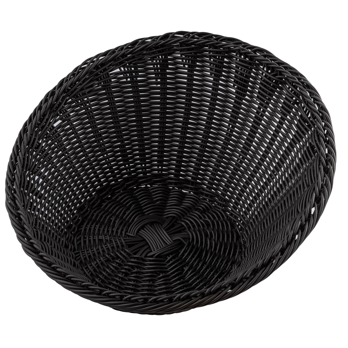 A round polypropylene basket, like the TableCraft 12129, is shown from an overhead angle. This handwoven basket features tightly woven strands, a patterned base, a reinforced rim, and small gaps between its smooth interior strands.