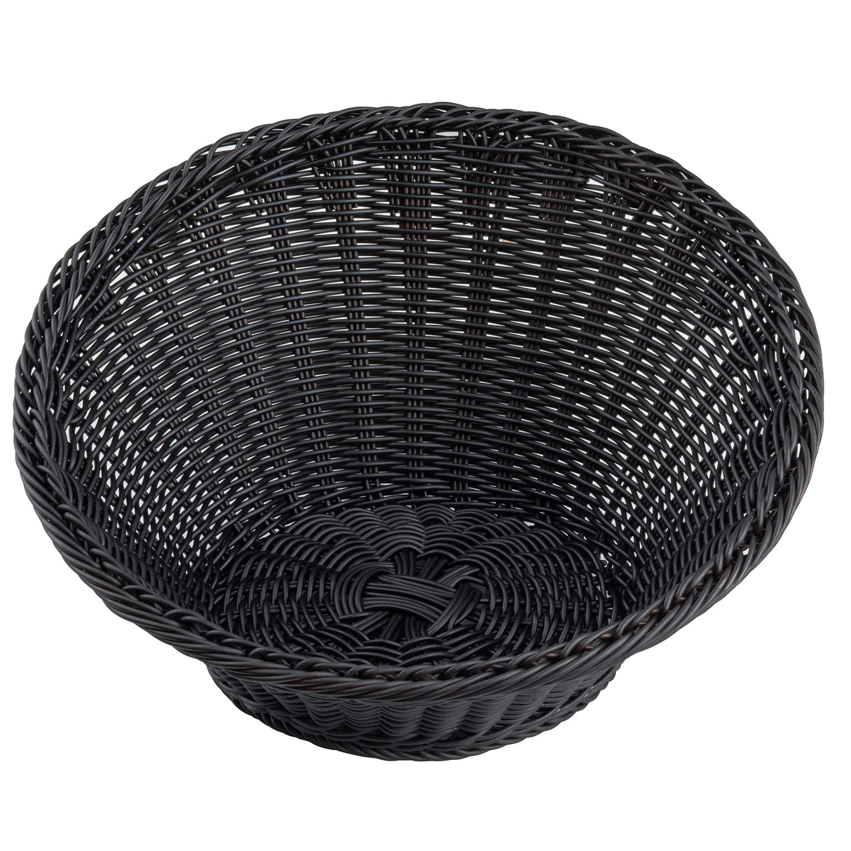 A round, empty black handwoven basket with a wide opening and intricate weaving pattern. The TableCraft 12129 features a slightly flared rim and textured base, giving this decorative round polypropylene basket a sturdy, elegant look.