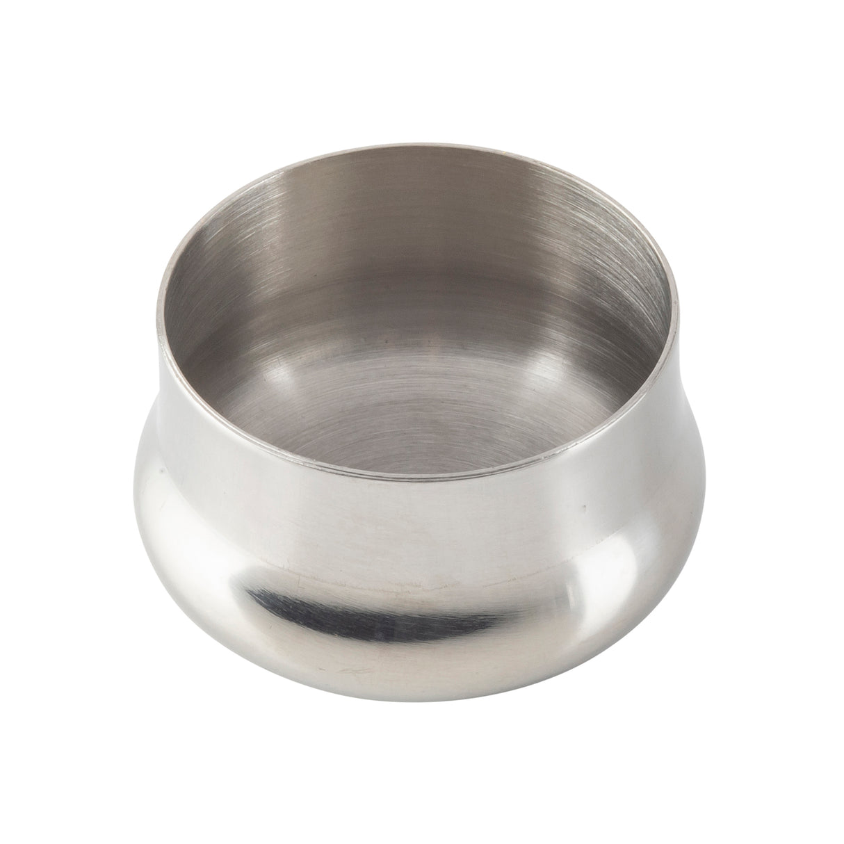 A shiny, metallic, round bowl with smooth sides and a slightly flared rim sits on a white background. The bowl is empty, and its brushed stainless steel texture gleams—reminiscent of a cocktail shaker’s polished finish.