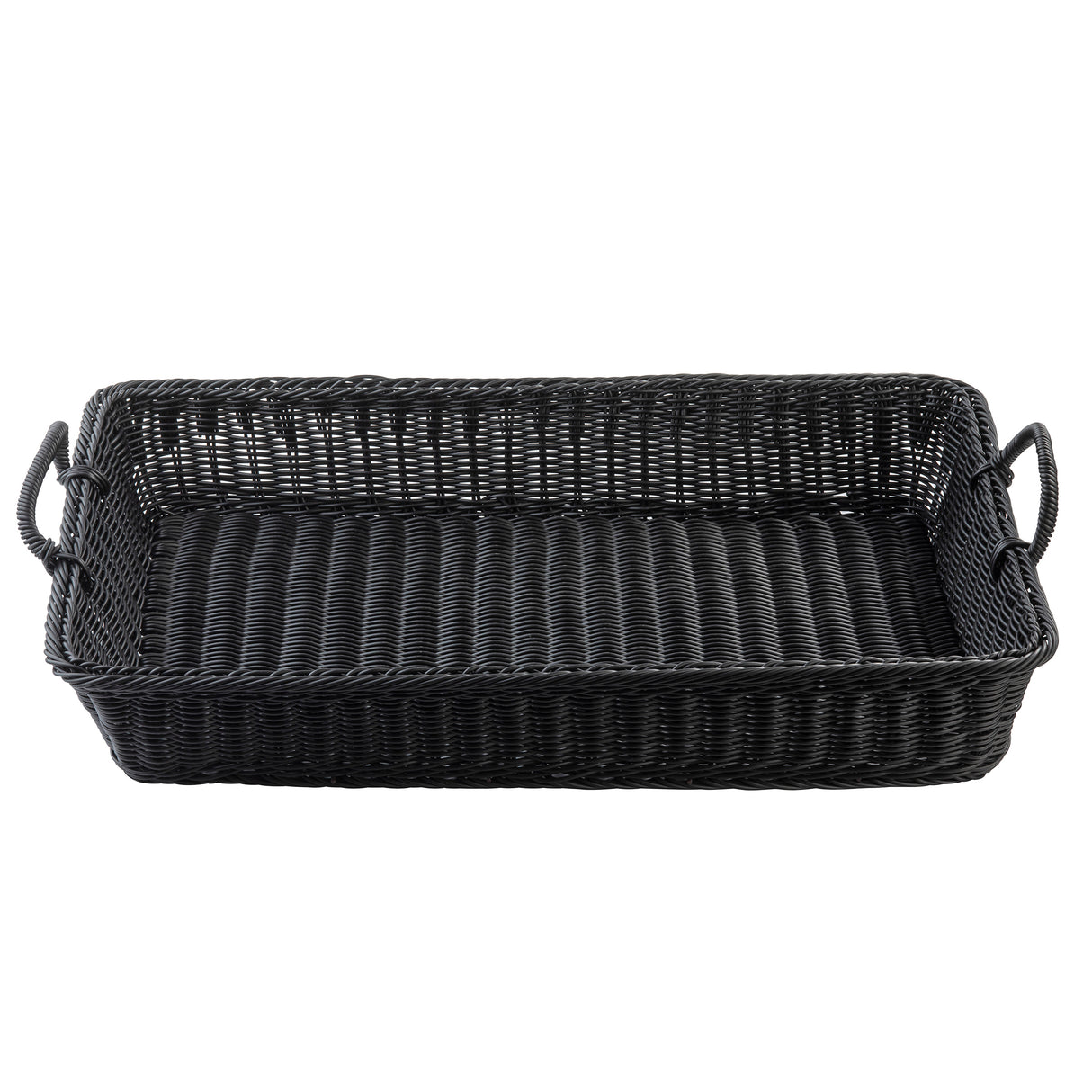 A rectangular black handwoven basket with handles on both short sides. The basket features a woven pattern and slightly raised sides, perfect for carrying or holding items. It is empty and photographed against a plain white background.