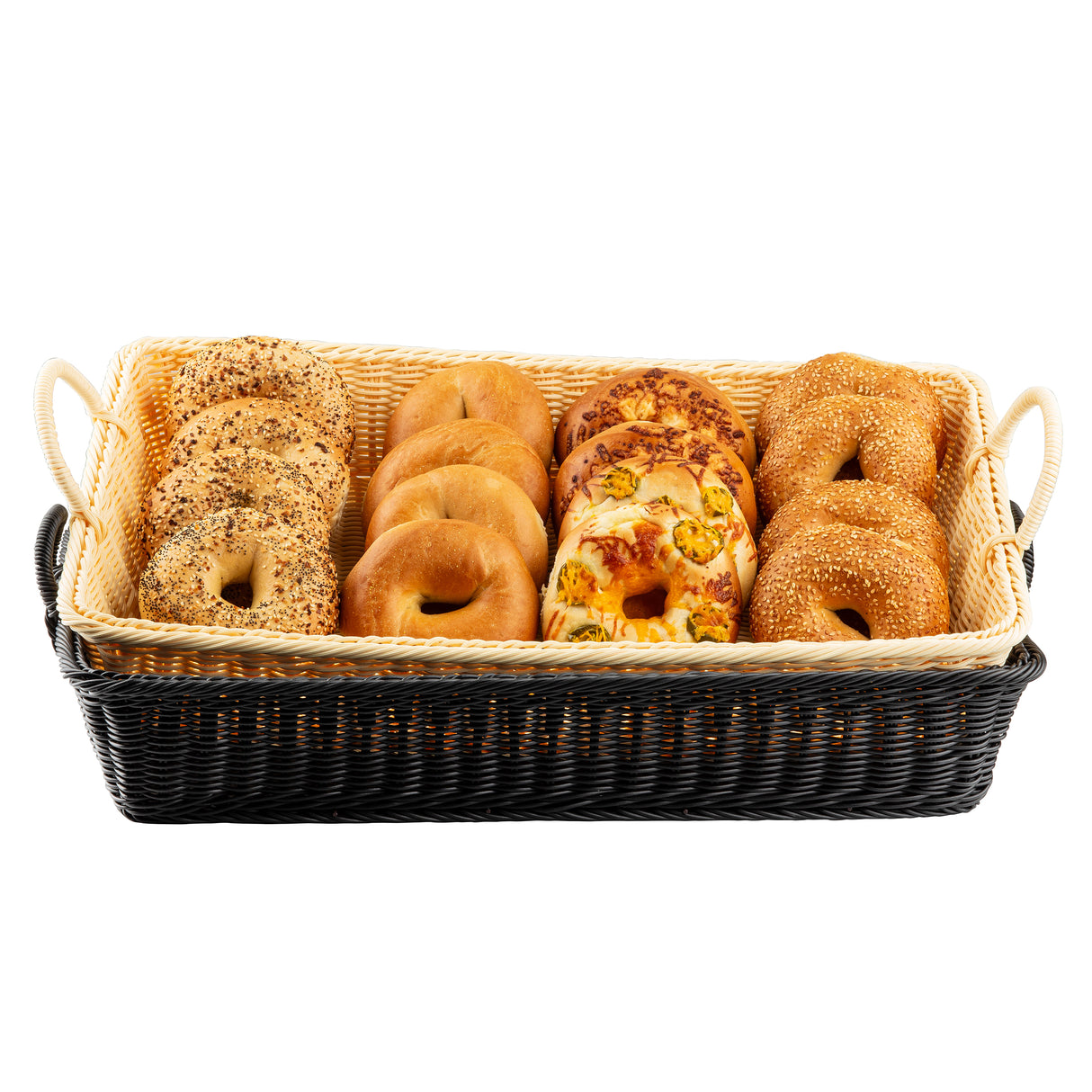 A handwoven rectangular basket with two handles holds twelve bagels in neat rows: everything, plain, cheese-topped, and sesame seed bagels. The background is white.