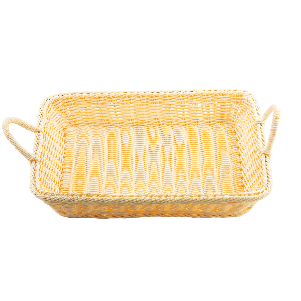 A light-colored rectangular polypropylene basket with two side handles, shown on a white background. The basket features a woven pattern and raised edges, ideal for carrying or storing items.