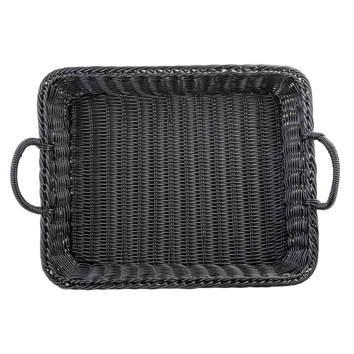 A rectangular, black handwoven basket tray with raised edges and two sturdy side handles, viewed from above. The tight, uniform weave has a slightly glossy finish. With rounded corners, this TableCraft 12135 offers a sturdy, functional appearance.