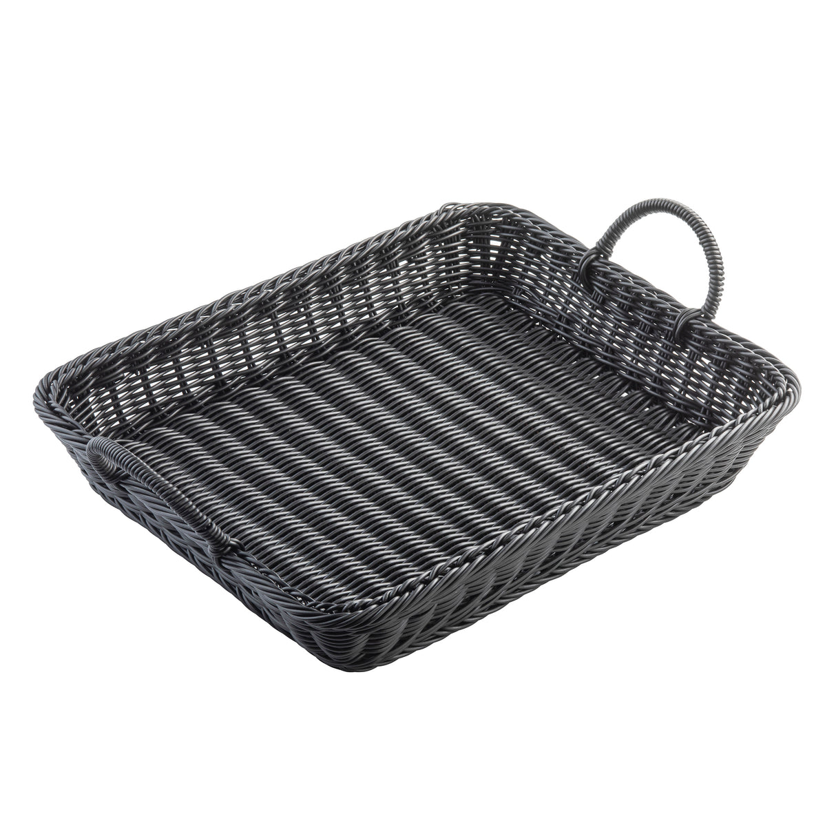 A handwoven rectangular basket by TableCraft, featuring black wicker with rounded corners, woven sides, a single handle on one short side, a flat striped base, and a slightly raised rim for sturdy, decorative appeal.