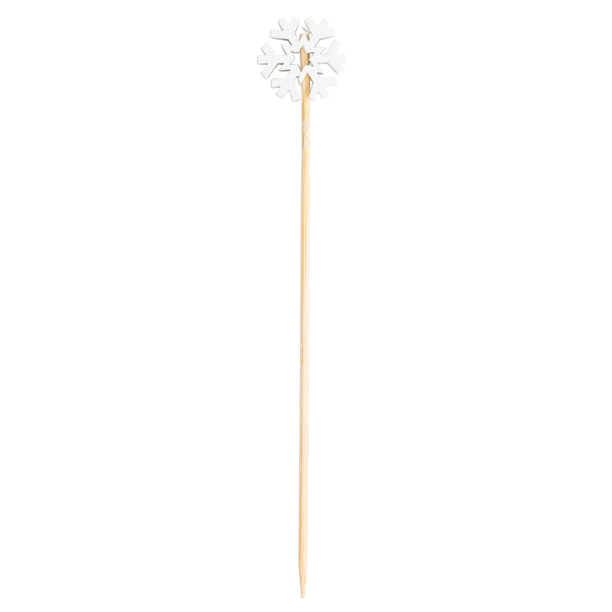 A wooden cocktail pick with a pointed tip, topped with a decorative white paper snowflake. Perfect for festive drinks, these bamboo snowflake picks from TableCraft 12143 add a charming winter touch against the plain white background.