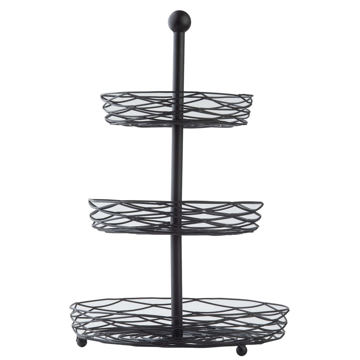 A black powder coated steel, three-tier display basket from the Artisan Collection features circular baskets of increasing size, supported by a central rod with a round knob. The open design ensures easy visibility and access to stored items.