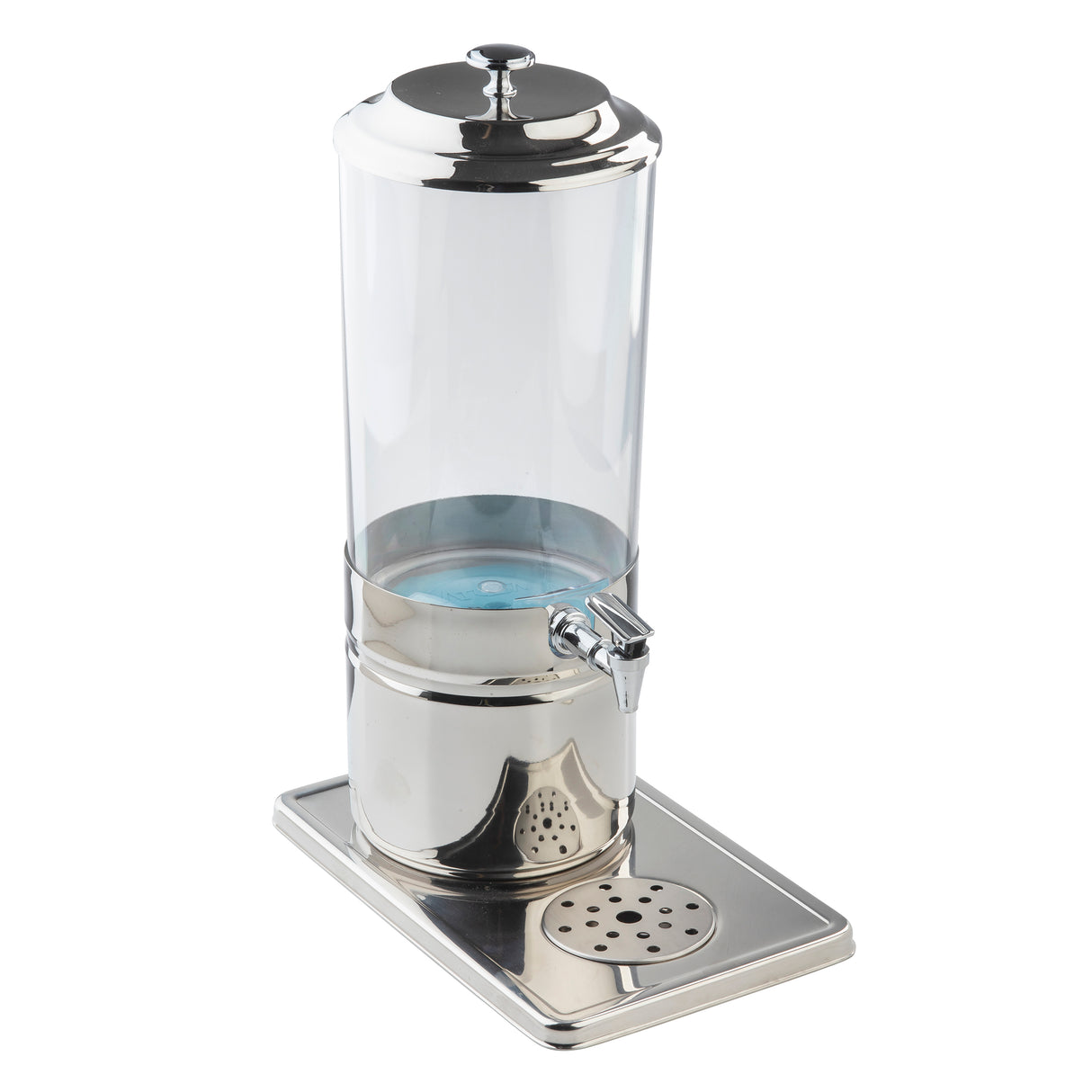 A 2 gallon beverage dispenser with a polycarbonate body and stainless steel accents features a spigot, removable lid, and drip tray on a rectangular base. Shown against a white background, the container is partially filled with blue liquid.