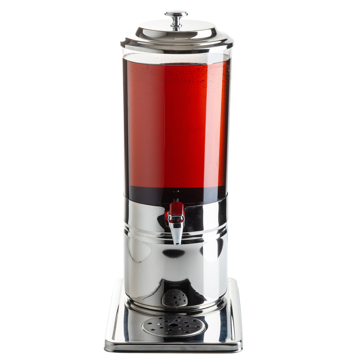 A tall, cylindrical 2 gallon beverage dispenser with a clear polycarbonate body filled with red liquid, a silver lid, a spigot for pouring near the base, and a removable drip tray below, all set against a white background.