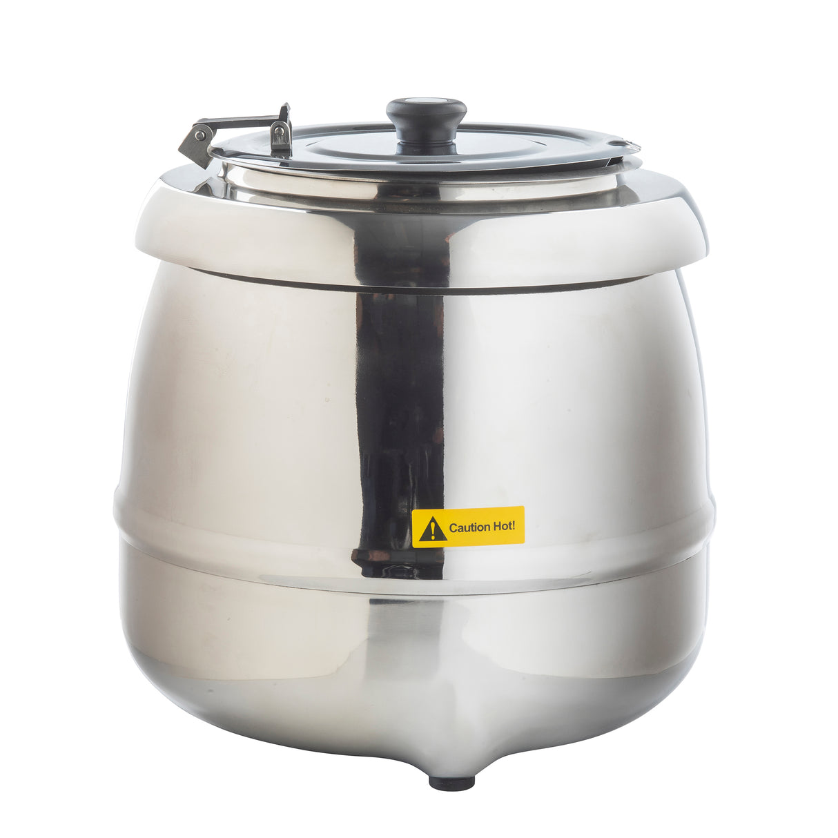 A shiny, stainless steel Soup Kettle Warmer (10.5 qt.) with a black handle on the hinged lid sits on a white background. A yellow Caution Hot sticker is on the front, and three small feet support the kettle as its surface reflects light.