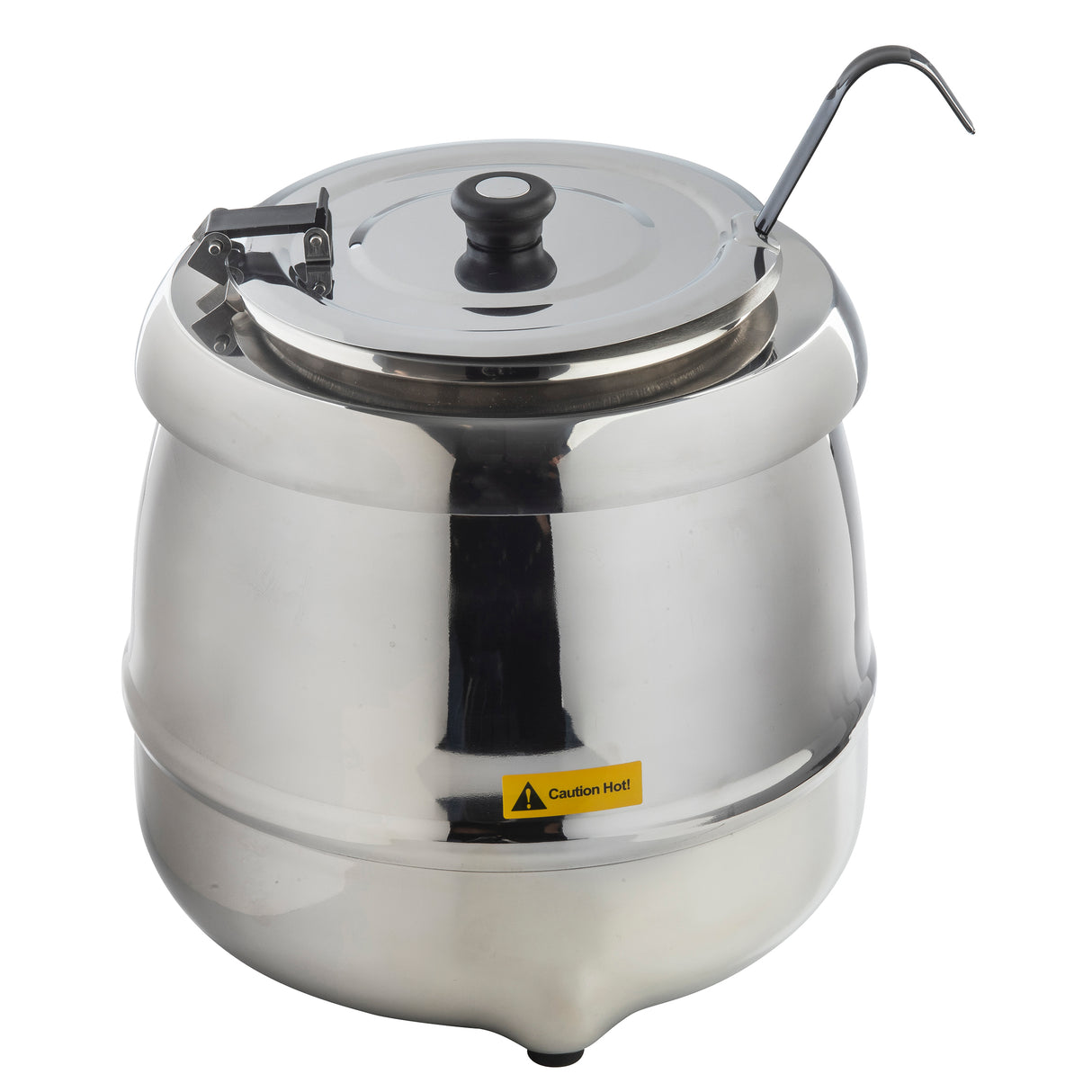 A shiny 10.5 qt. stainless steel Soup Kettle Warmer with a round body, black knob, hinged lid, side handle, and small spout. A yellow "Caution Hot" label is visible on the front. The kettle stands on short feet.