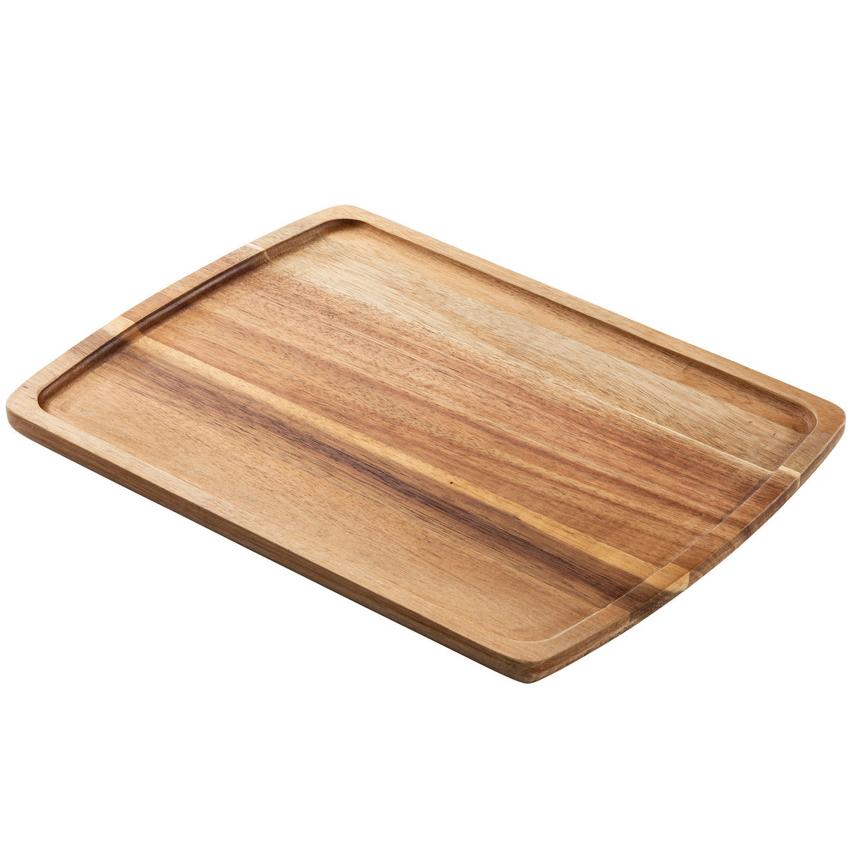 A rectangular serving board with rounded edges and a groove running along the perimeter to catch liquids. This Acacia board displays natural wood grain patterns in varying shades of brown and is shown on a white background.