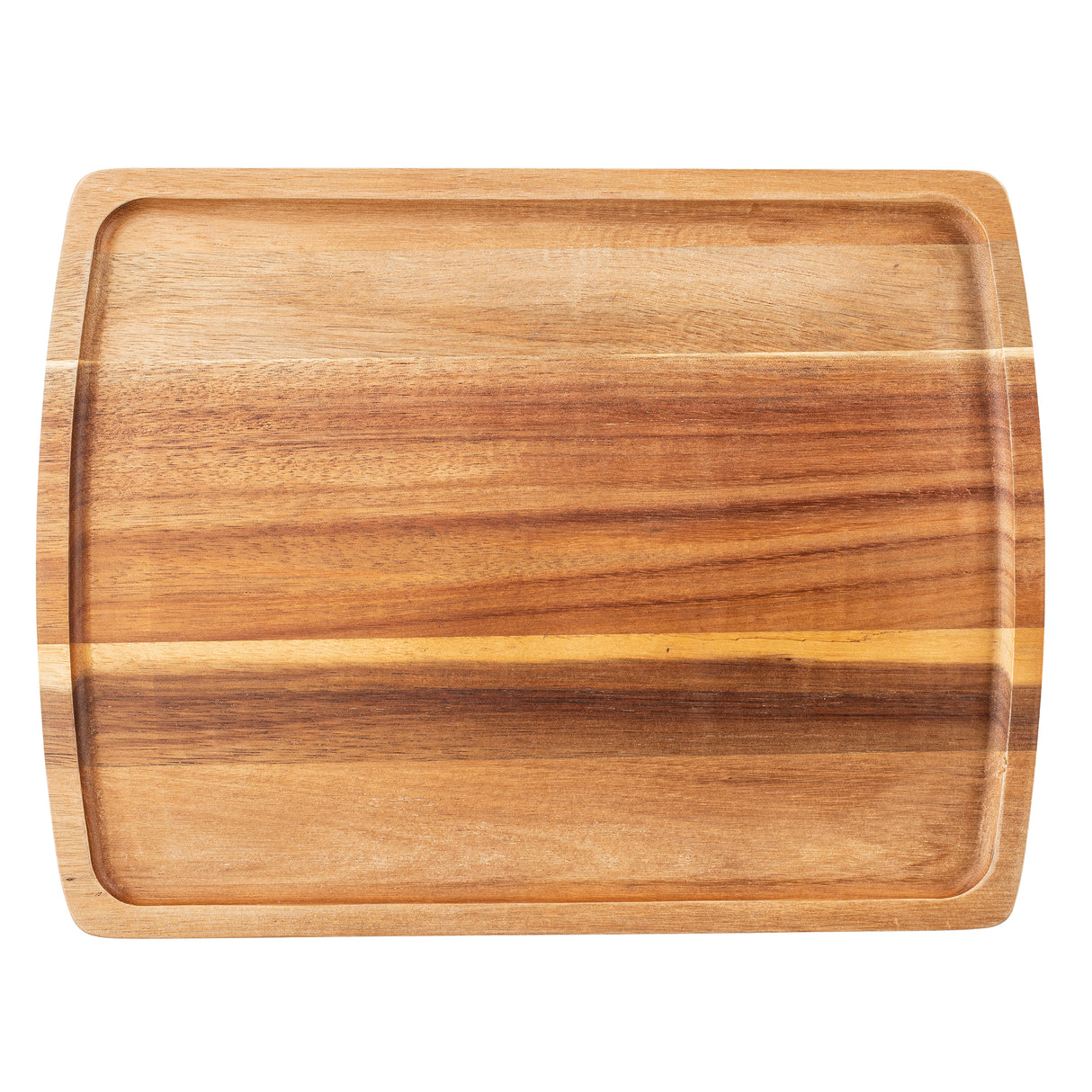 A rectangular Acacia board with rounded corners and a recessed groove around the edge. The board displays natural wood grain patterns in various brown shades, and it is set against a plain white background.