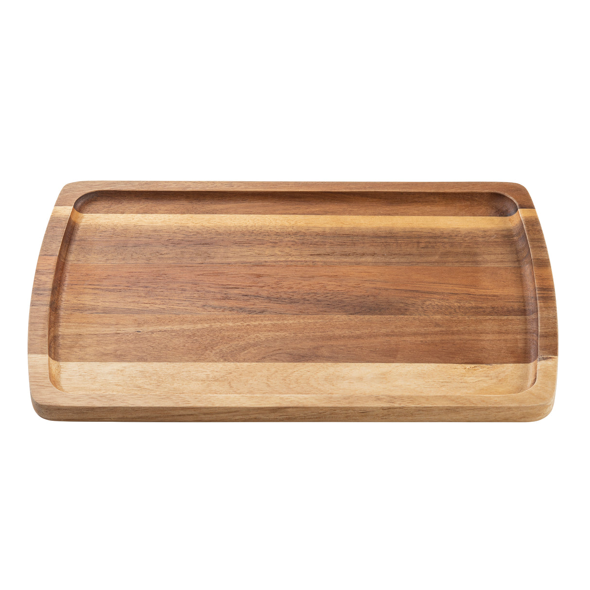 A rectangular Acacia board with rounded corners, smooth edges, and a shallow recessed surface. The natural light and dark grain patterns give this wood serving plate a warm, rustic appearance. Photographed on a white background.