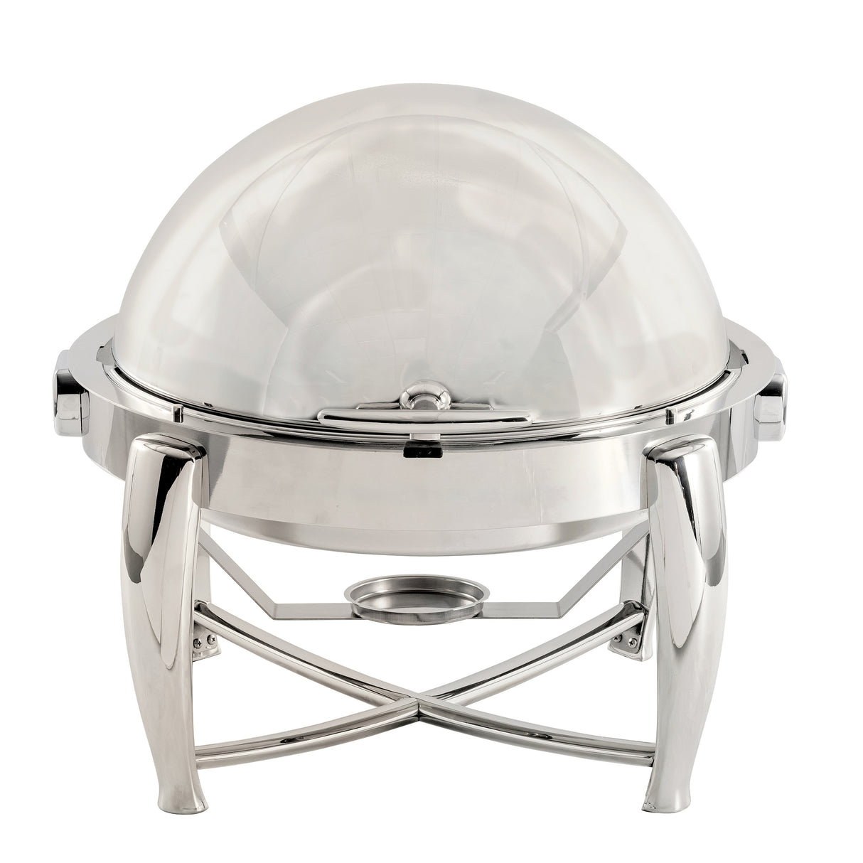 A modern, polished 6 qt. stainless steel chafer with a dome-shaped transparent lid and four curved legs. Features a dripless roll top for easy access and a fuel holder underneath to keep food warm during service.