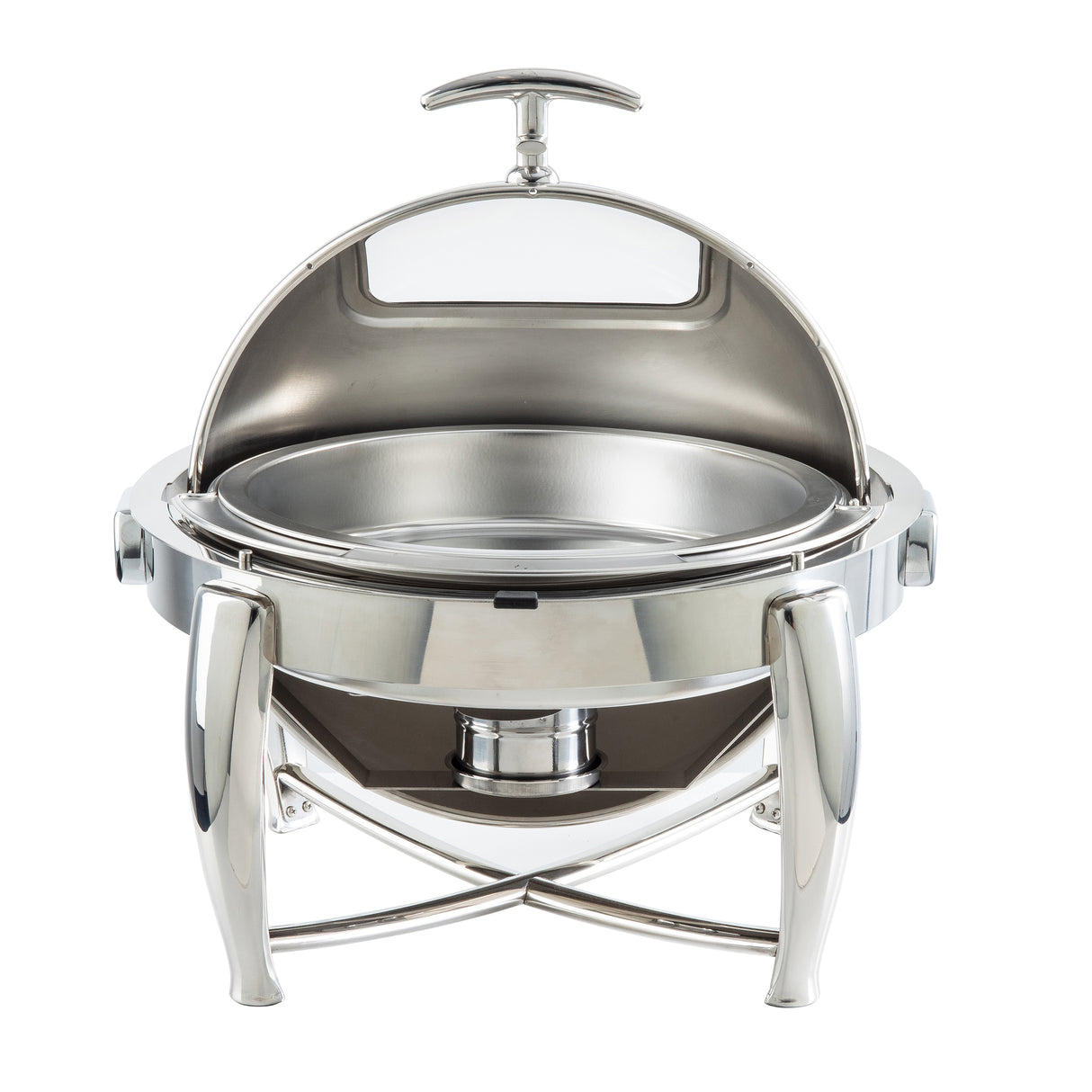 A shiny stainless steel chafer with a round, domed lid propped open stands on four sturdy, curved legs. It features a fuel holder for keeping food warm and boasts a clean, reflective interior—perfect as a stackable chafer for easy storage.