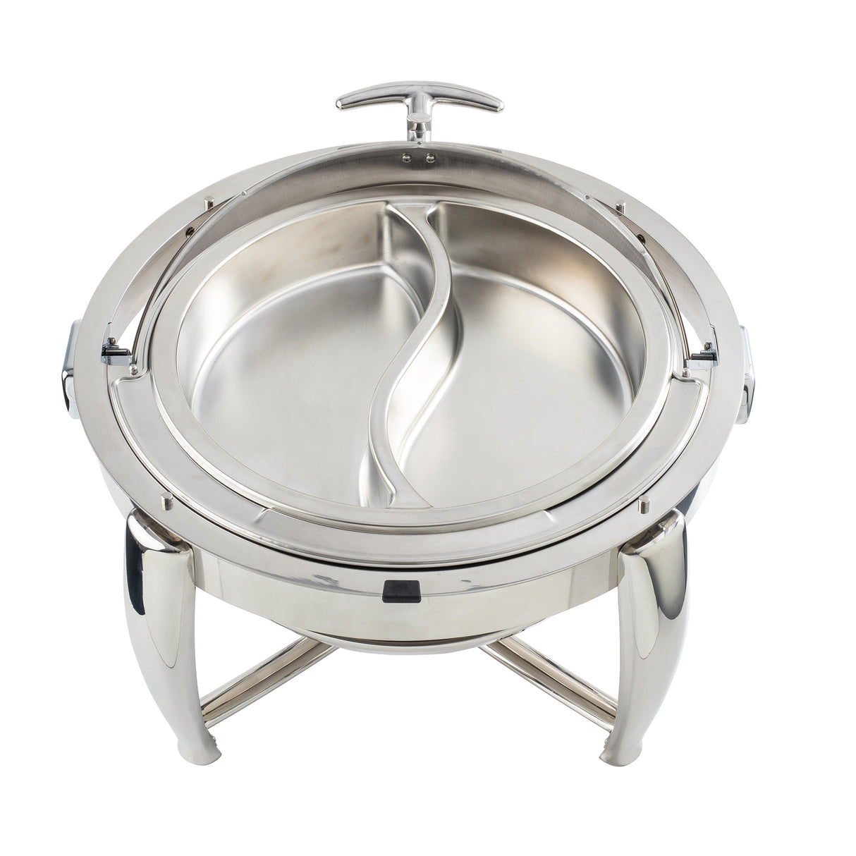 A round stainless steel chafer with a clear dripless roll top lid, shown open. Inside are two curved compartments. The dish stands on three sturdy, arched legs and boasts a modern design, perfect for serving hot food at buffets or events.