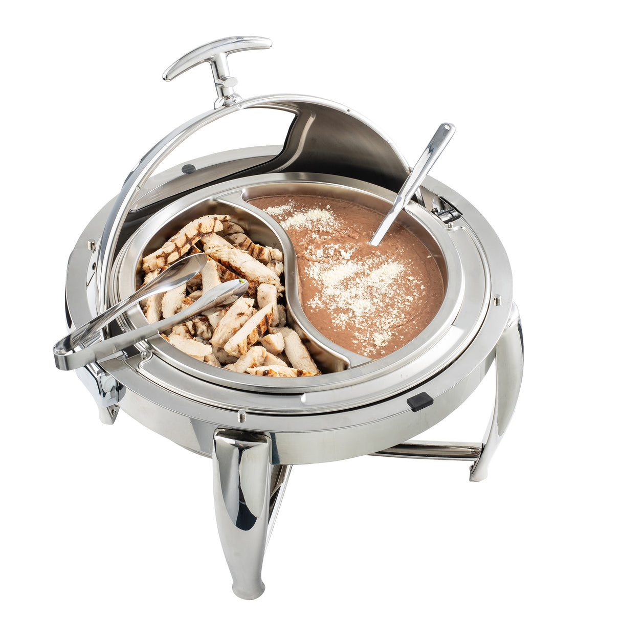 A round stainless steel chafer with a partially open lid features grilled chicken strips on one side and creamy brown soup topped with grated cheese on the other. Metal tongs and a ladle rest in their sections, enhancing this elegant dripless roll top chafer setup.