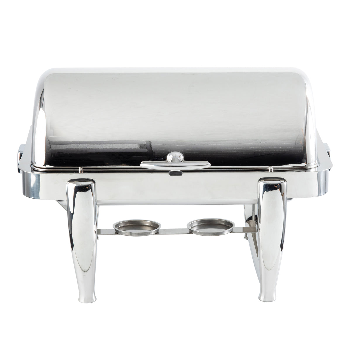 A shiny stainless steel chafer with a closed domed lid and four sturdy legs. Two circular holders underneath keep food warm in buffet or catering settings. This full size chafer sits on a plain white background.