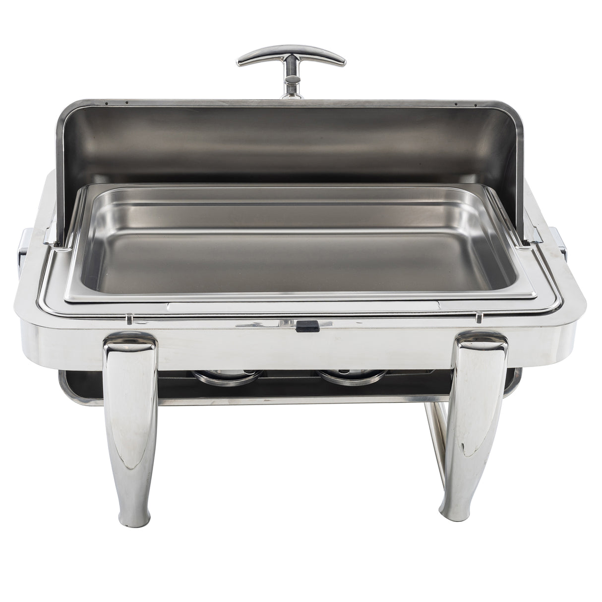 A full size chafer with a raised lid, rectangular food tray, and sturdy curved legs. This stainless steel chafer features a modern, polished finish and two burners below to keep food warm.