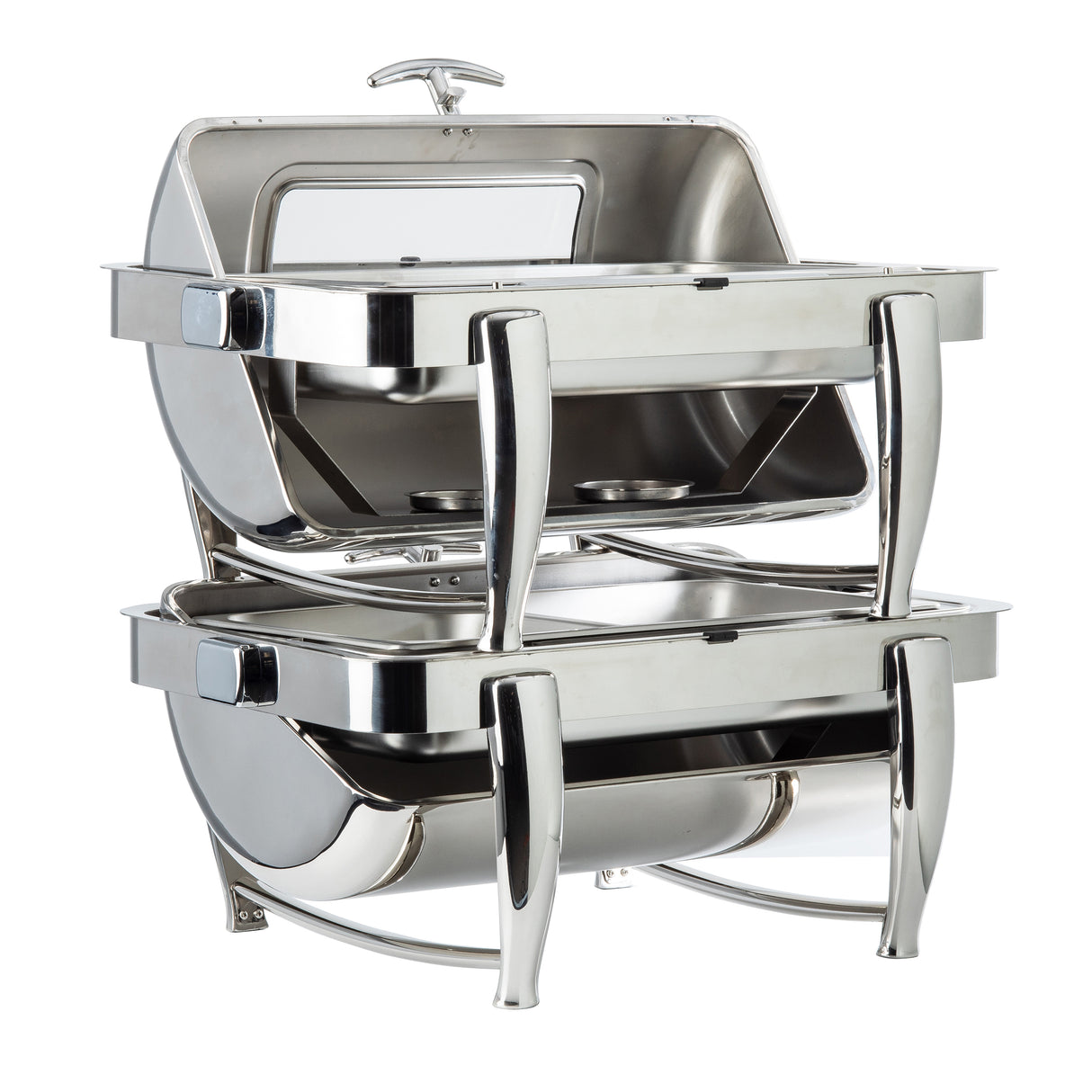 A 9 qt stainless steel chafer with two stacked rectangular food trays, each featuring a dripless roll top chafer lid. This modern buffet server has sleek, curved legs and a polished finish, perfect for keeping food warm at events.