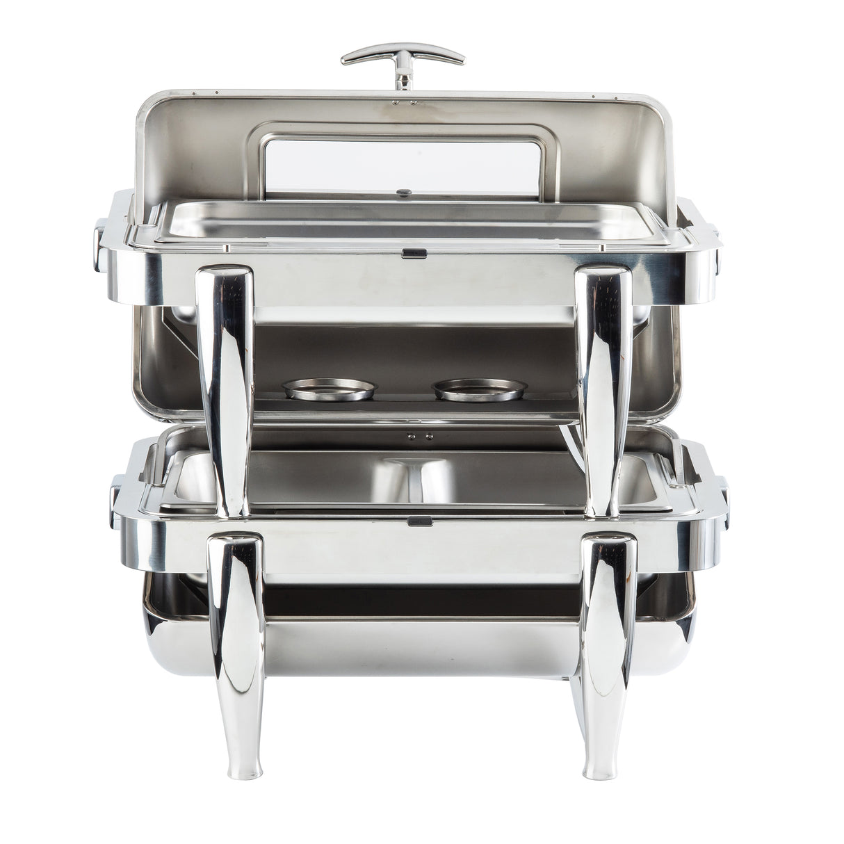 A stainless steel chafer with two tiers is shown. The top tier’s lid is open, revealing an empty warming tray inside. The bottom tier is closed. Both tiers have sturdy, angled legs and a polished, reflective finish.
