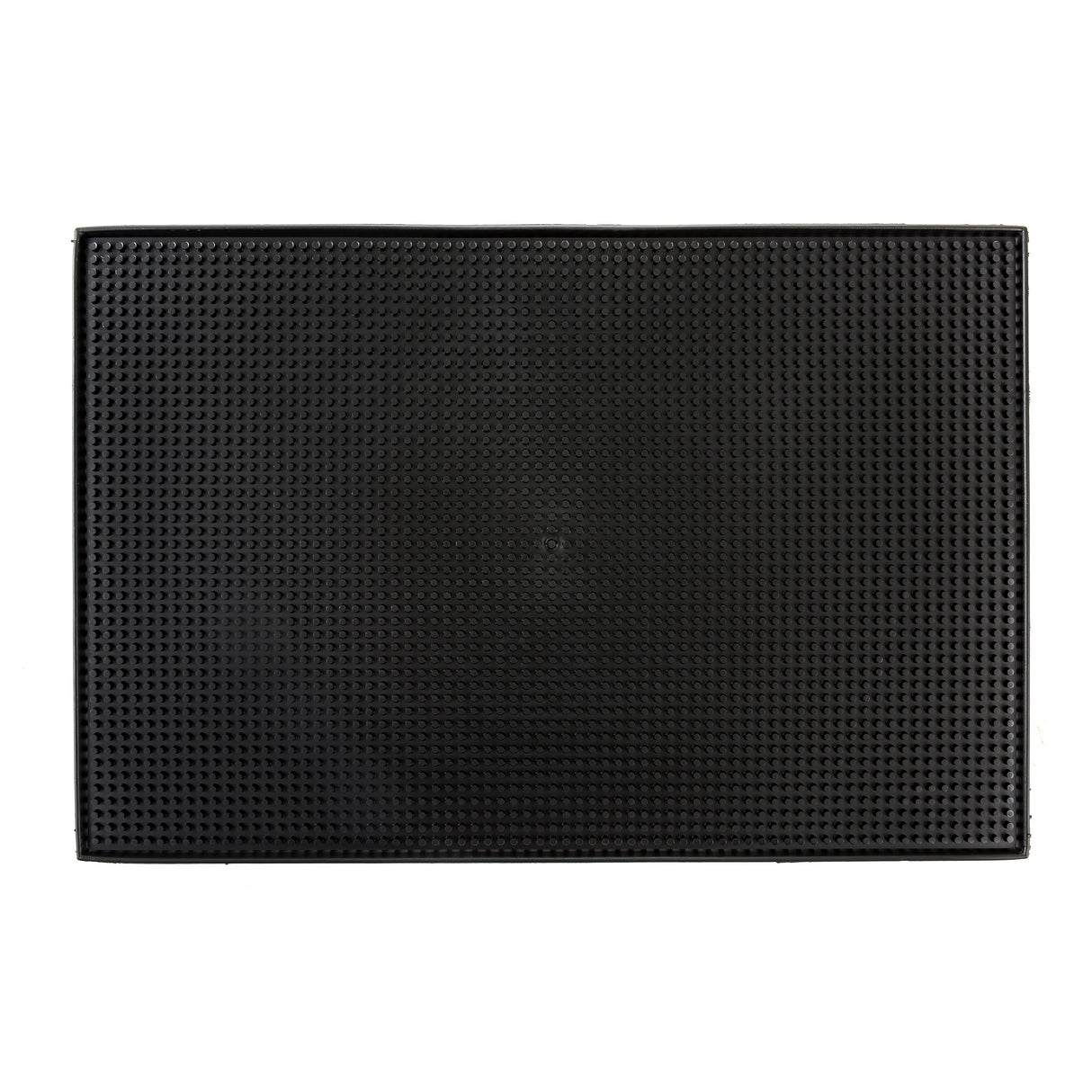 A rectangular black rubber service mat with small raised circular bumps evenly covering its surface, viewed from above. The edges are slightly raised, forming a subtle border around the mat. The background is plain white.