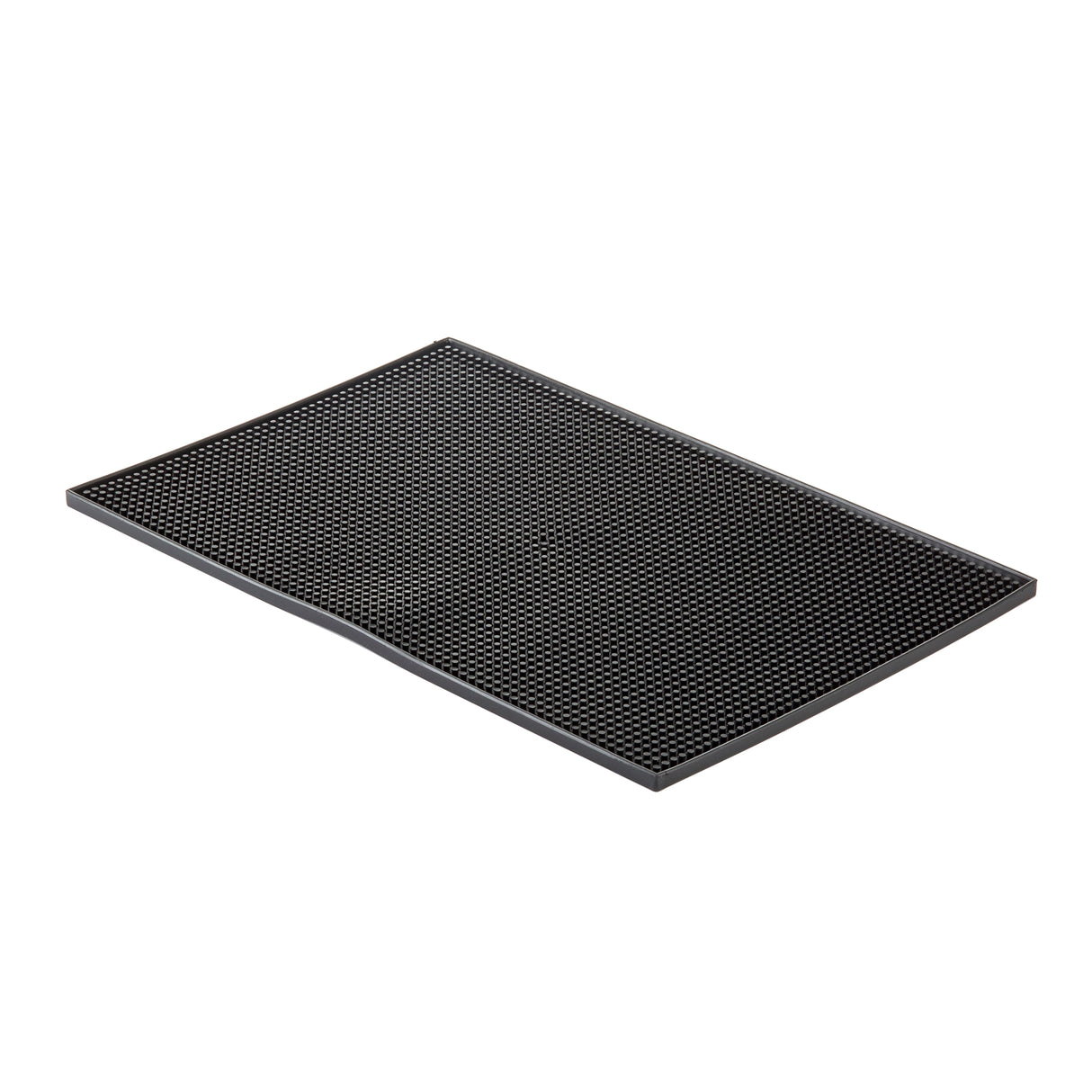 A rectangular black rubber service mat with a grid of small raised bumps, shown on a white background. Slightly elevated along one edge for flexibility, this mat is designed for traction or drainage and is dishwasher safe for easy cleaning.