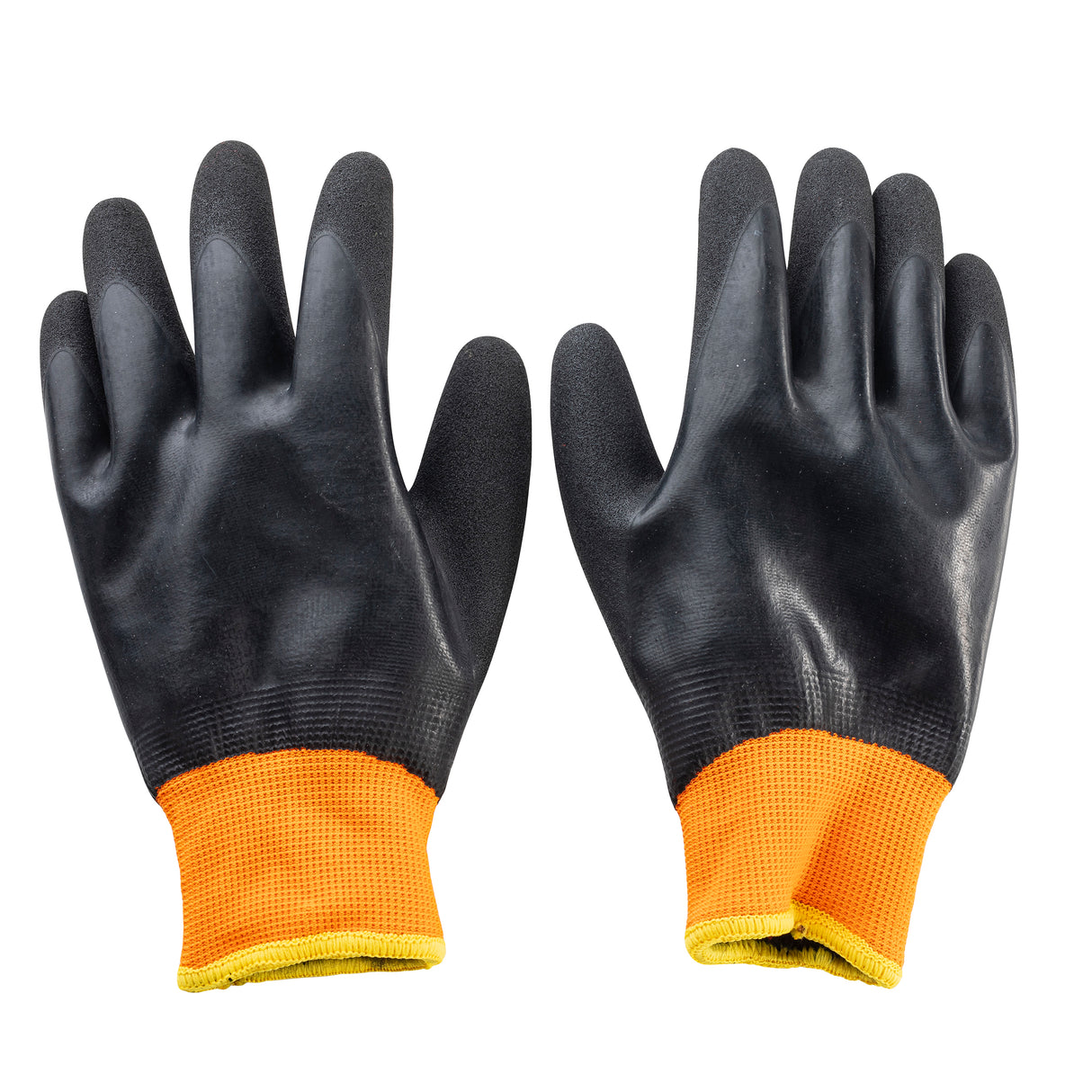 A pair of TableCraft Products work gloves with black rubber-coated palms and fingers, and bright orange fabric cuffs. These small freezer gloves are laid flat, palms facing up, on a white background.