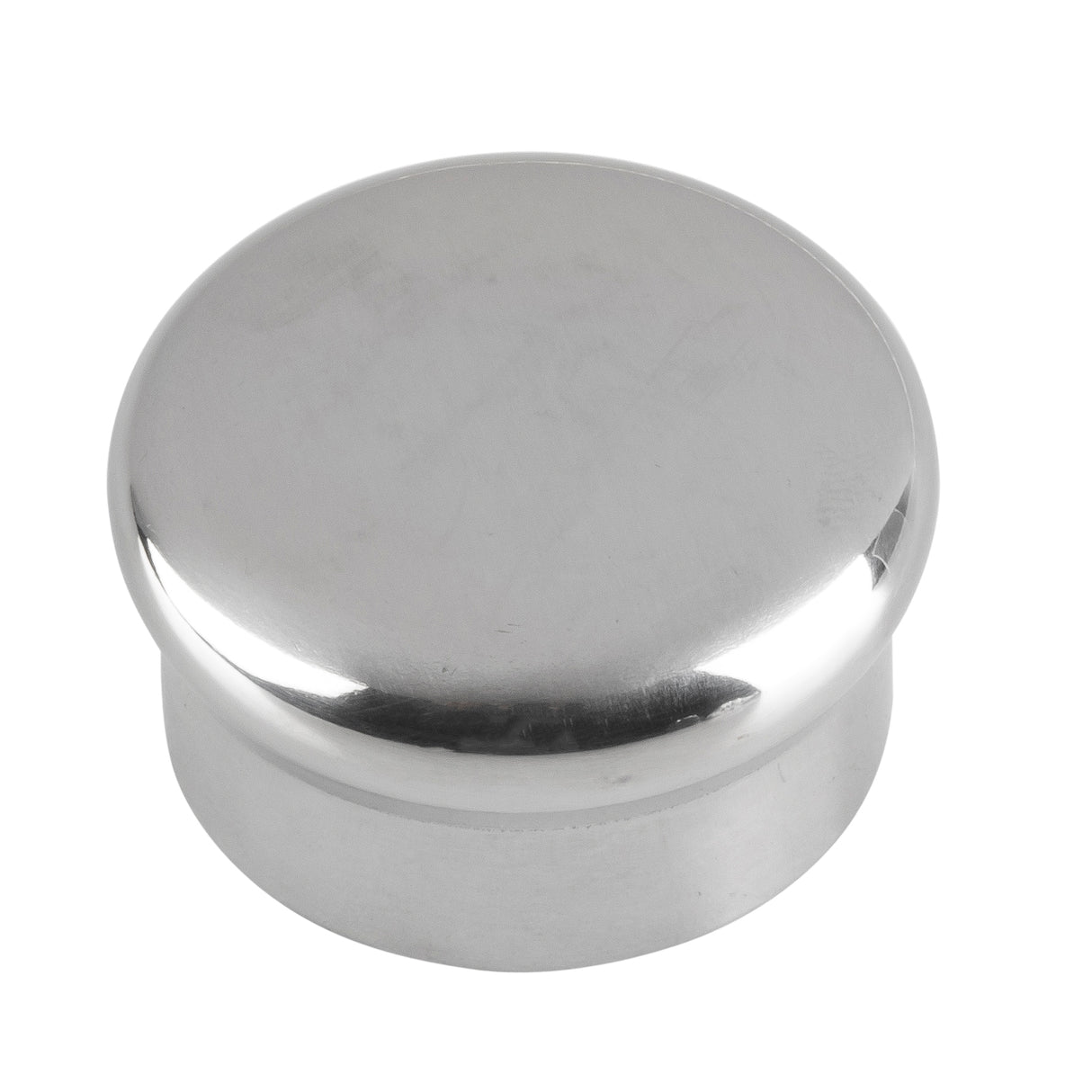 A shiny, metallic, silver-colored cylindrical object with a flat bottom and a slightly domed, smooth top surface. This replacement cap features a reflective finish and appears to be made of stainless steel or similar metal.