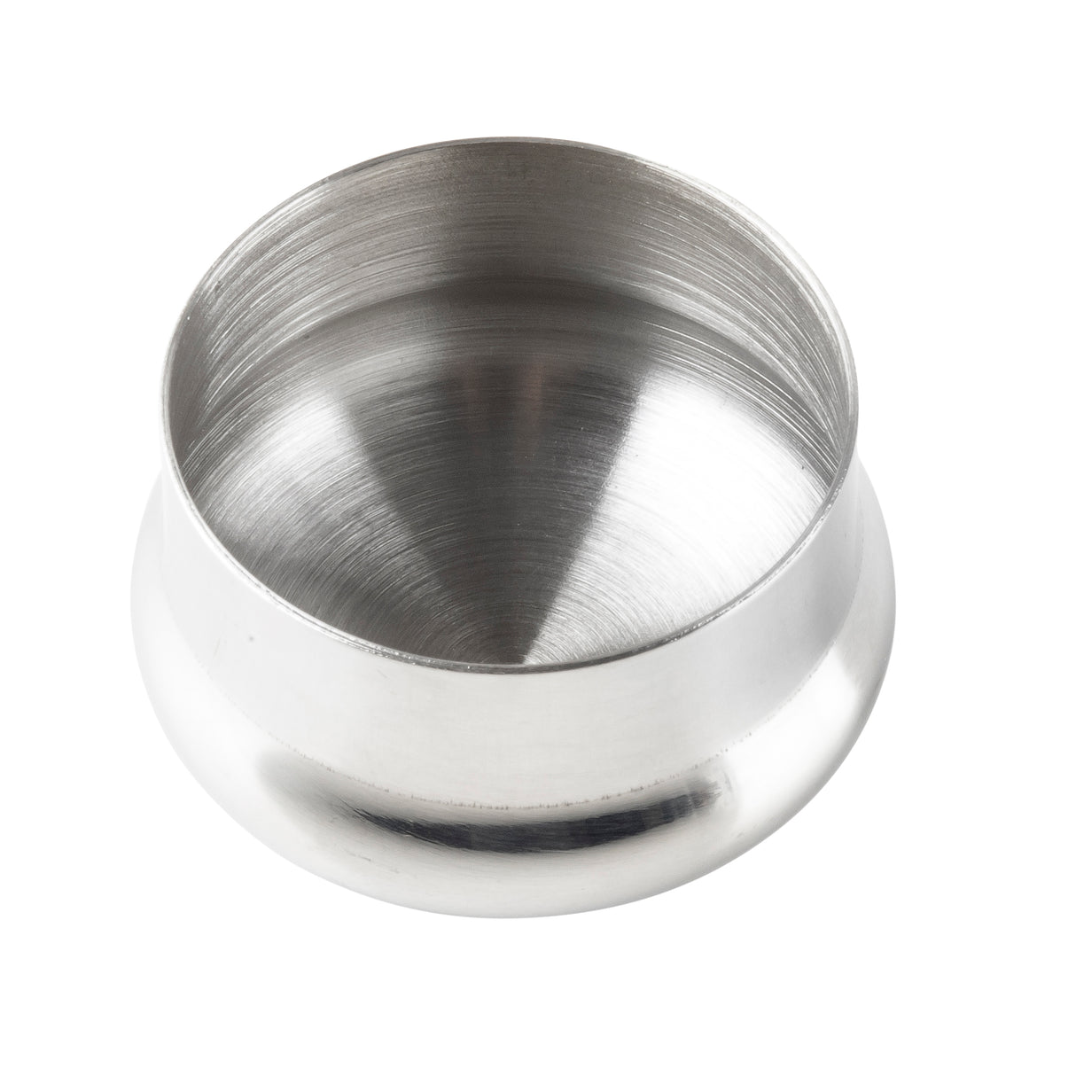 A shiny, empty stainless steel bowl with smooth, rounded sides and a flared rim. Its reflective, brushed-metal finish resembles that of a cocktail shaker, and it's photographed on a white background from a slightly elevated angle.